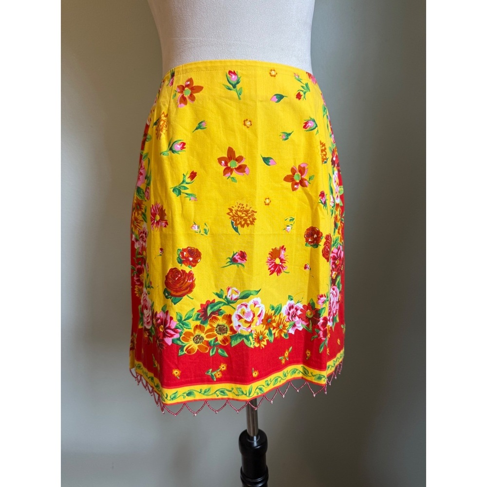Boston Proper Yellow Red Floral y2k Beaded Fringe Skirt 8 NWT boho whimsi resort